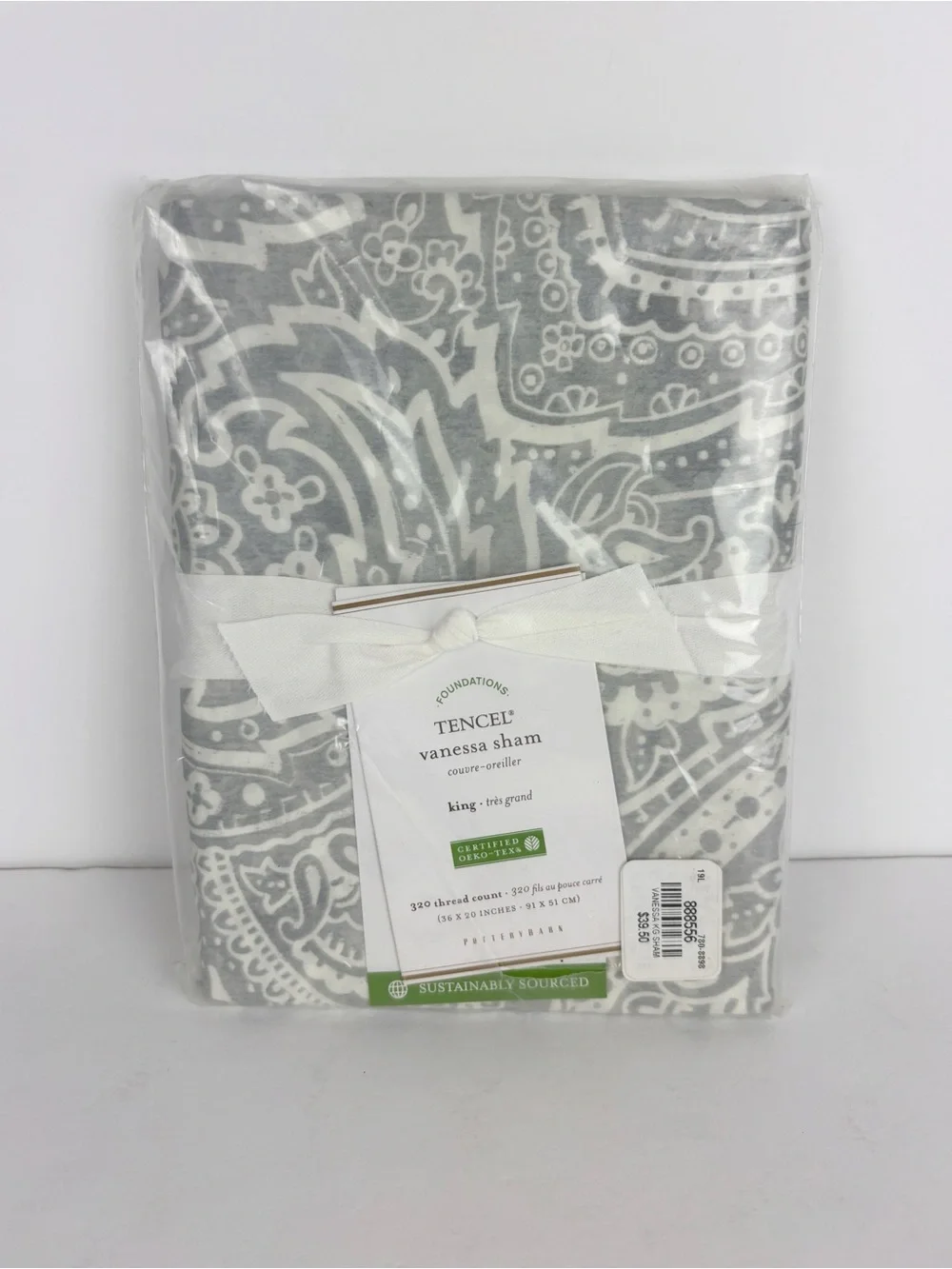 Pottery Barn Vanessa Tencel Sham King Gray White Paisley